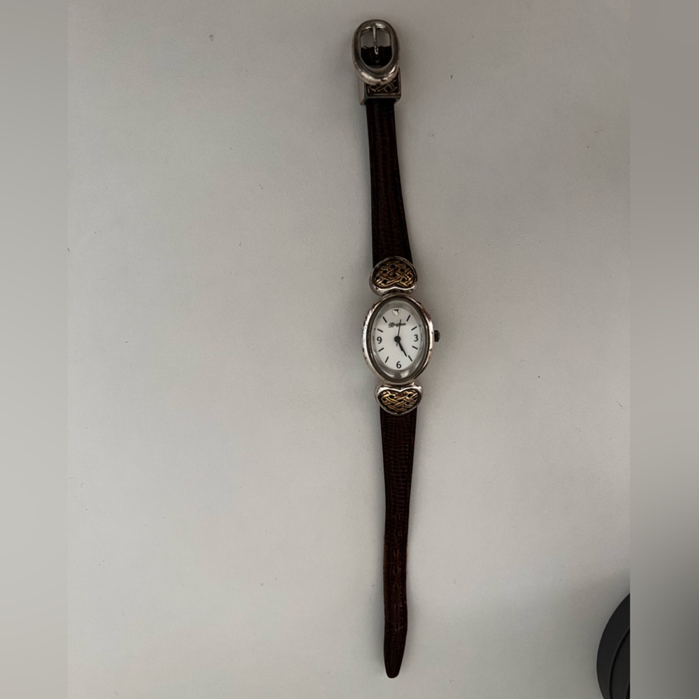 Brighton Brown Leather Strap Oval Face Watch with Silver & Gold Accents